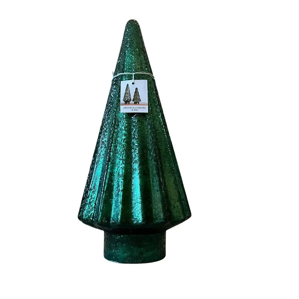 Illuminated Glass Christmas Tree 14.5in Iridescent GREEN Chic Holiday Decor New